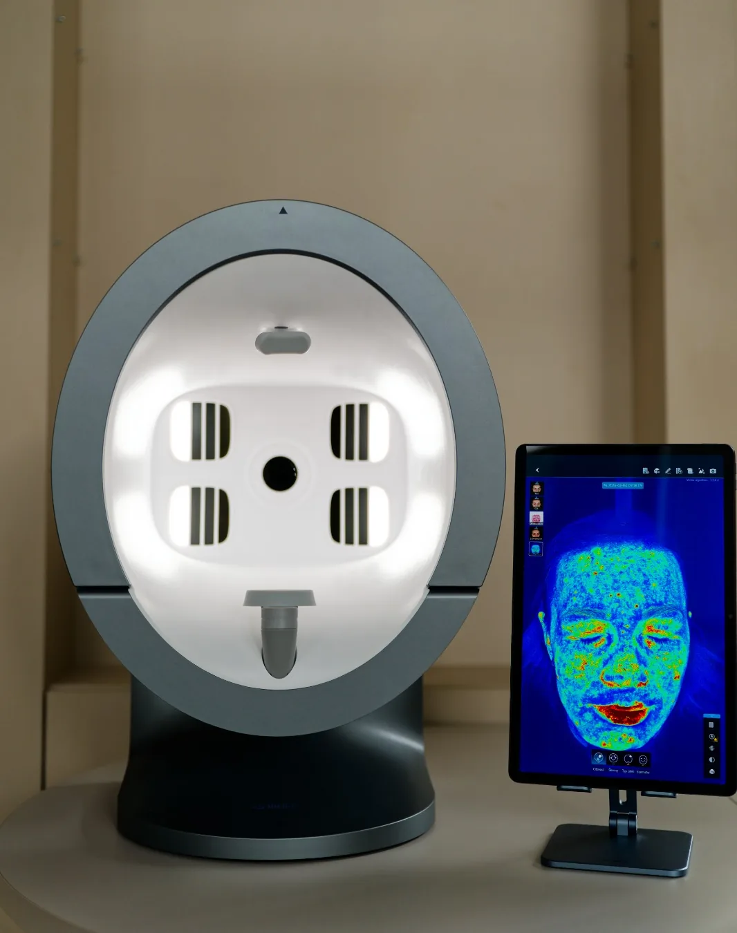 Prístroj MEICET Pro-A a tablet s farebnou mapou pleti z analýzy
